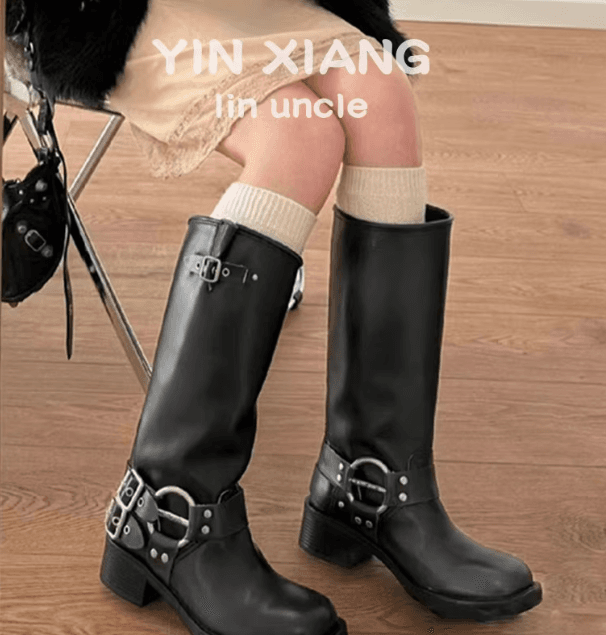 超火方头粗跟高筒靴棕色靴子